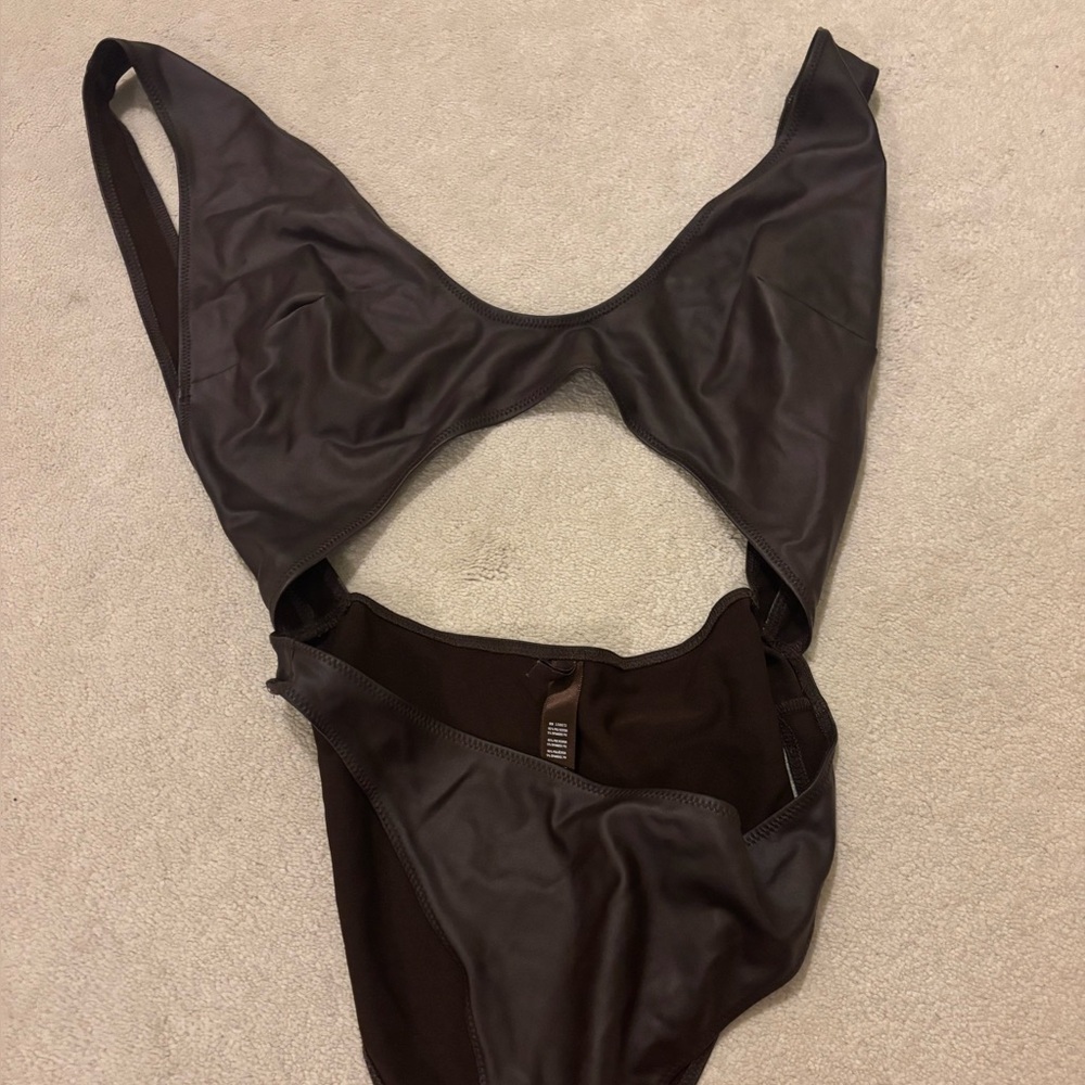 SKIMS cut out brown leather bodysuit
